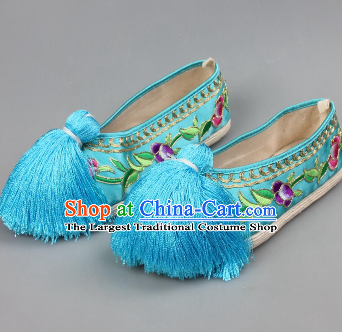 Handmade Peking Opera Shoes Chinese Beijing Opera Hua Tan Shoes Light Blue Embroidered Shoes