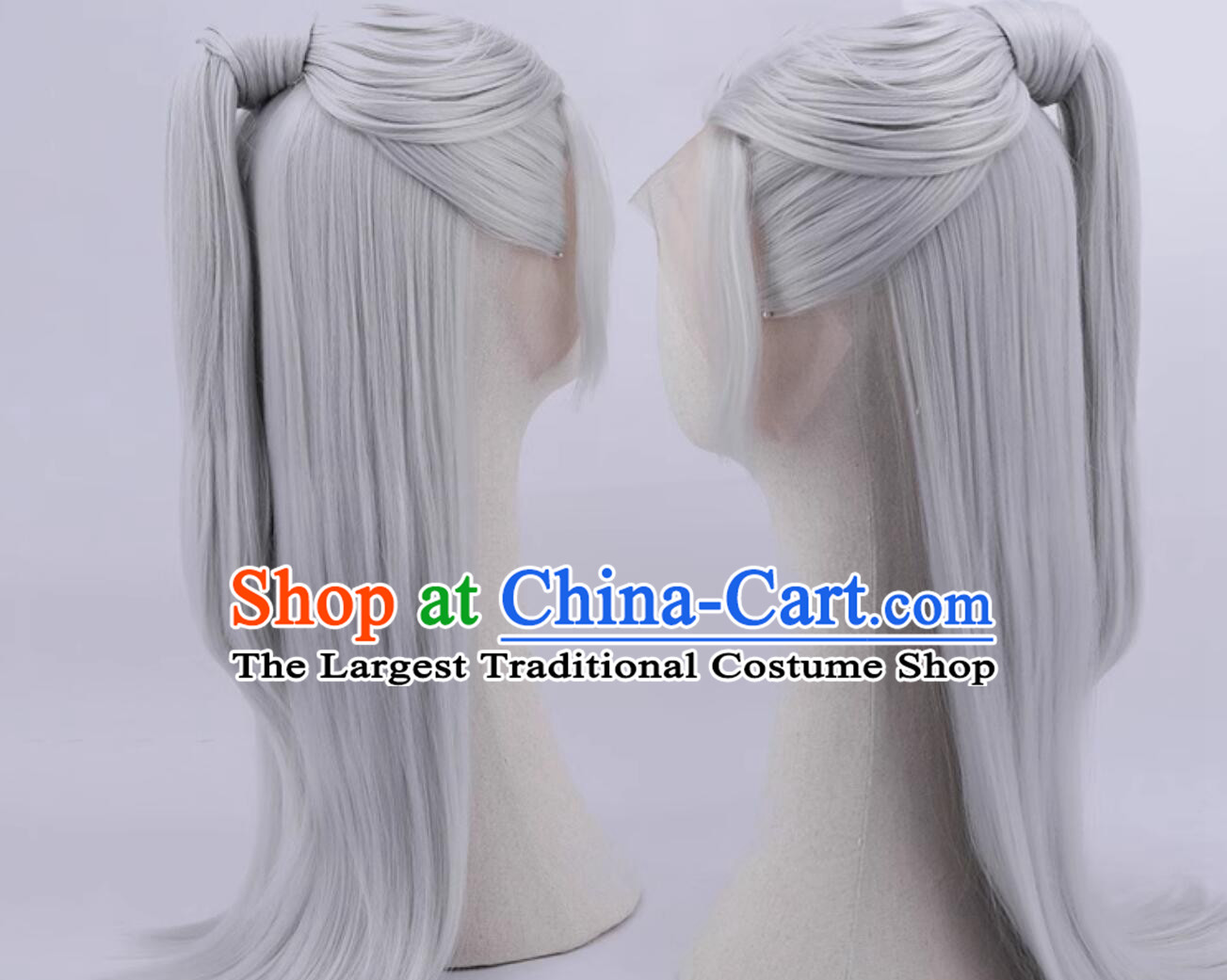 Traditional Chinese Cosplay Hero Grey Wig Ancient Swordsman Headdress Handmade Front Lace Wig Sheath for Men