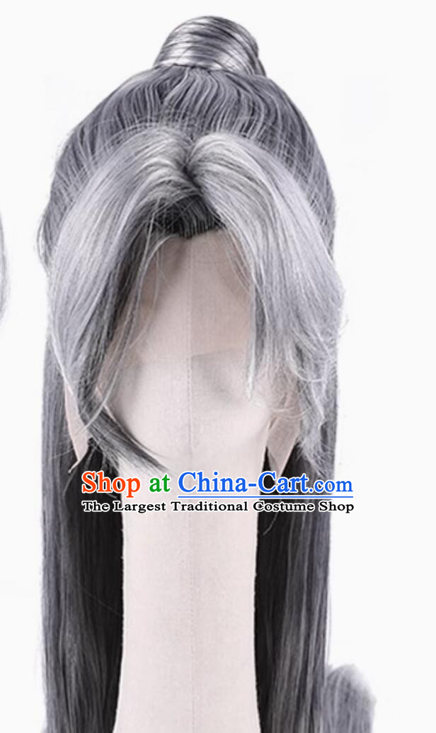 Chinese Ancient Swordsman Wig Traditional Hanfu Hero Grey Wig Handmade Front Lace Headdress for Men