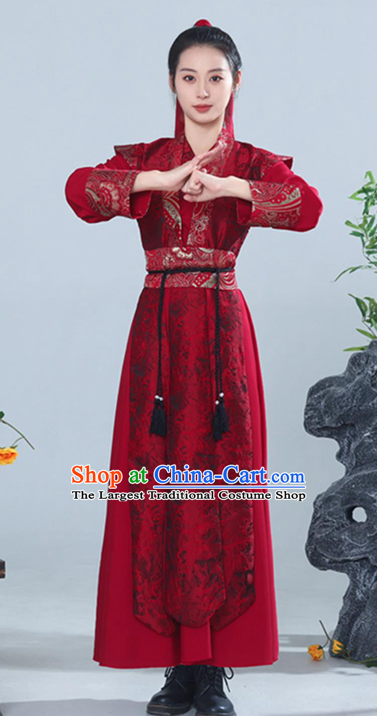 China Classical Dance Song of the Snow Dragon Red Dress Traditional Chinese Swordplay Dance Costume Woman Solo Dance Hua Mulan Clothing