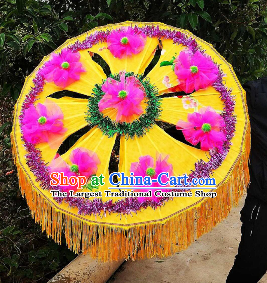 Yellow Traditional Women Group Dance Flower Umbrella Chinese Folk Dance Prop Handmade Yangko Dance Umbrella