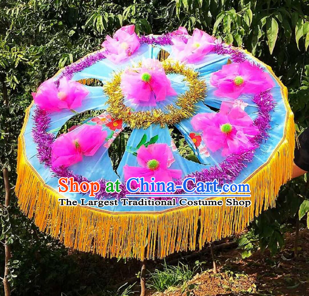 Blue Chinese Folk Dance Prop Handmade Yangko Dance Umbrella Traditional Women Group Dance Flower Umbrella