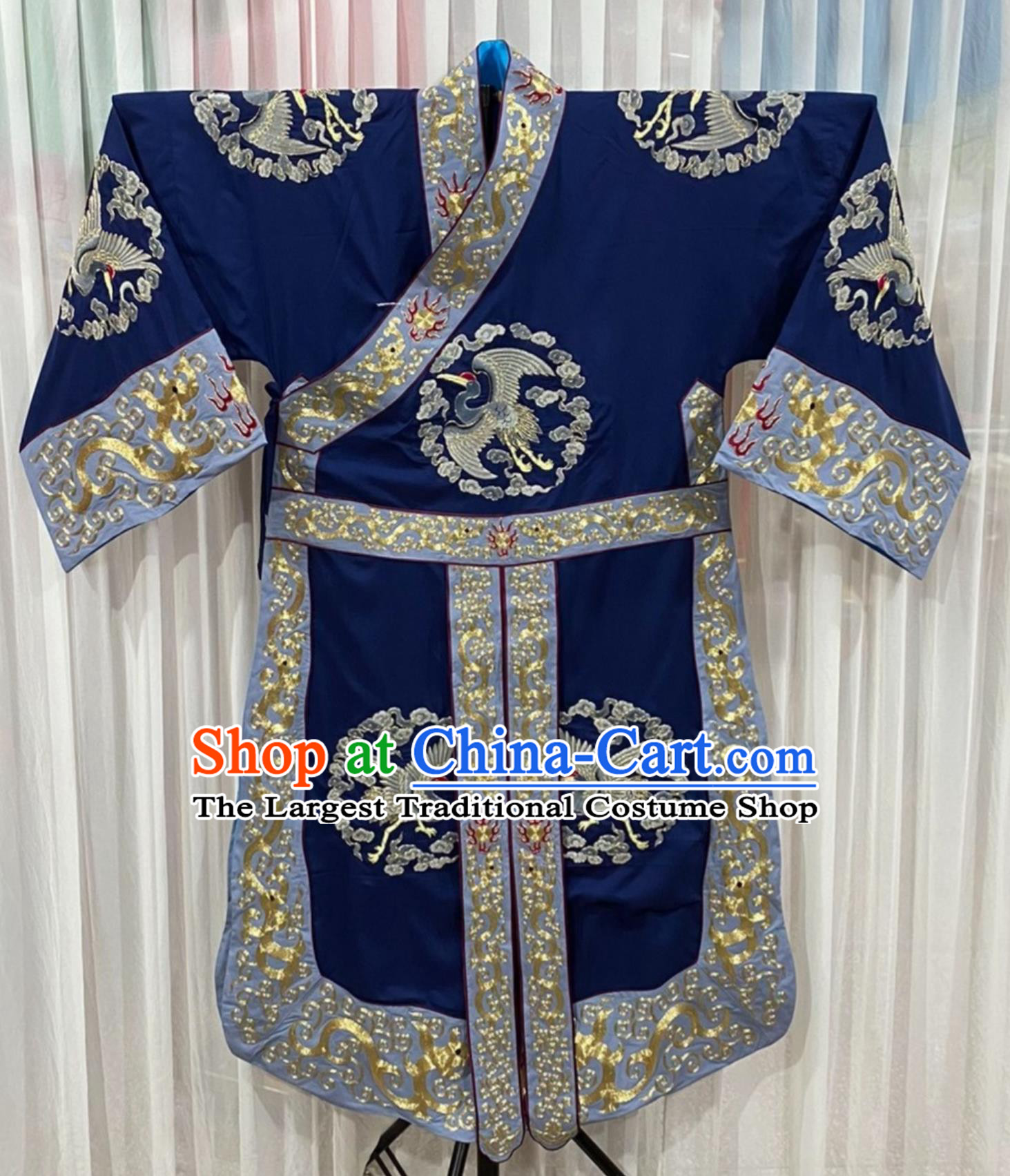 Chinese Peking Opera Laosheng Costume China Beijing Opera Dark Blue Embroidered Robe Top Custom Traditional Opera Zhuge Liang Crane Clothing
