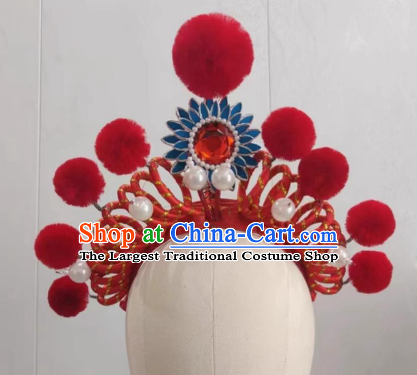 Handmade Chinese Beijing Opera Female Warrior Headgear Traditional Opera Helmet China Beijing Opera Swordswoman Red Hat