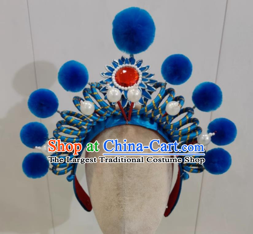Traditional Opera Helmet China Beijing Opera Swordswoman Blue Hat Handmade Chinese Beijing Opera Female Warrior Headgear