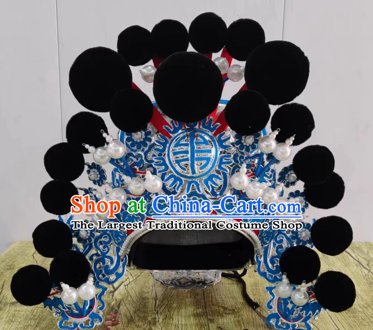 Handmade Chinese Beijing Opera Wusheng Headgear Traditional Opera Warrior Helmet China Qinqiang Opera General Black Pompon Hat