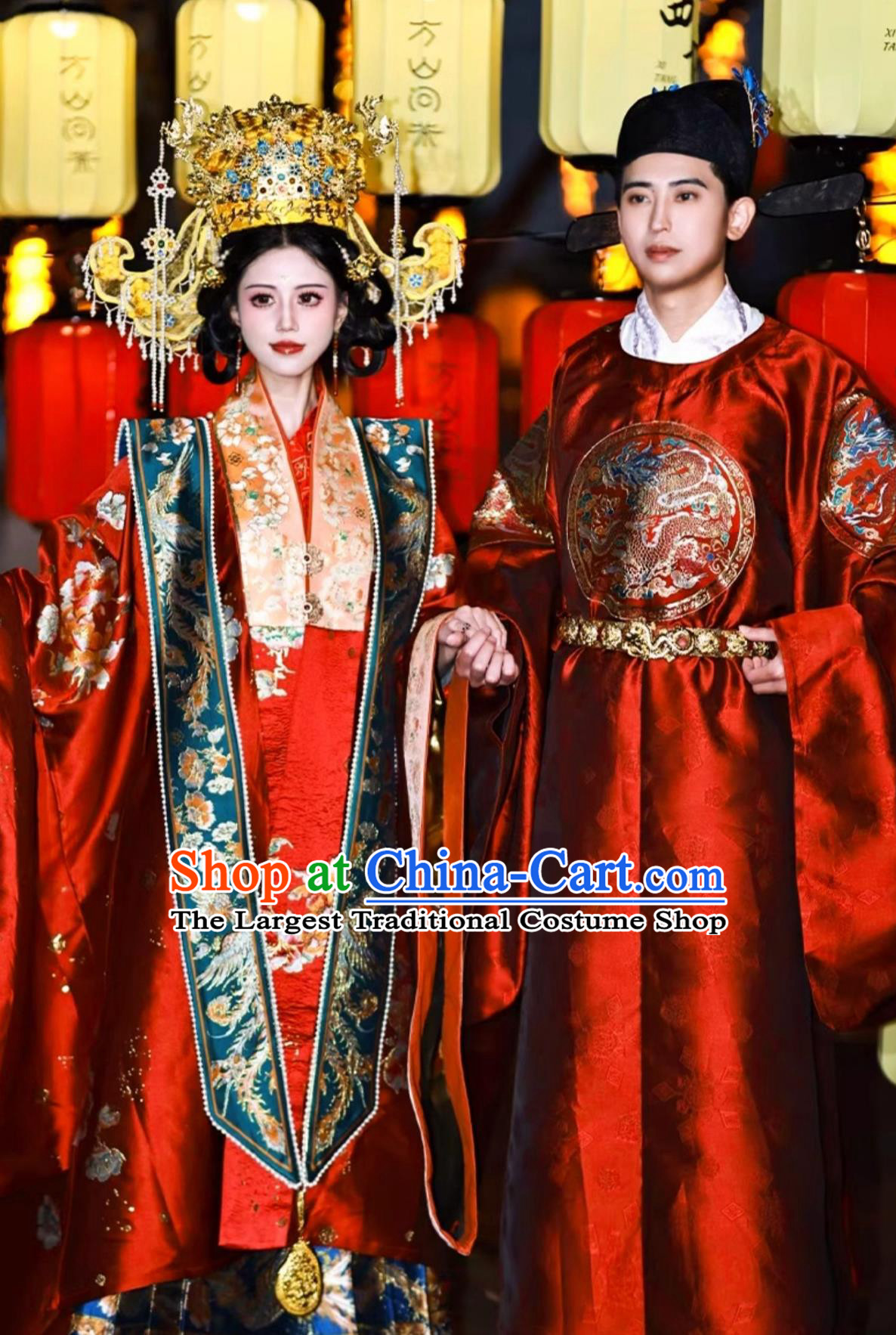 Chinese Ancient Bride and Groom Clothing Ming Dynasty Costumes China Traditional Wedding Hanfu Dresses 2 Sets