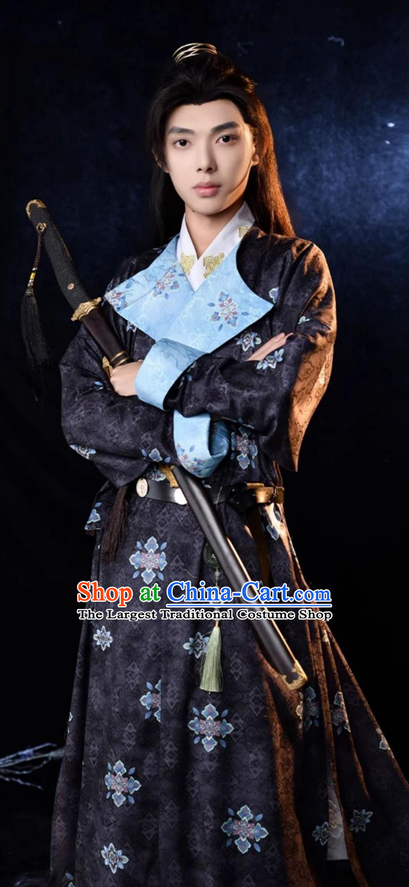 Chinese Ancient Swordsman Clothing China Tang Dynasty Young Hero Costumes Traditional Hanfu Black Round Collar Robe