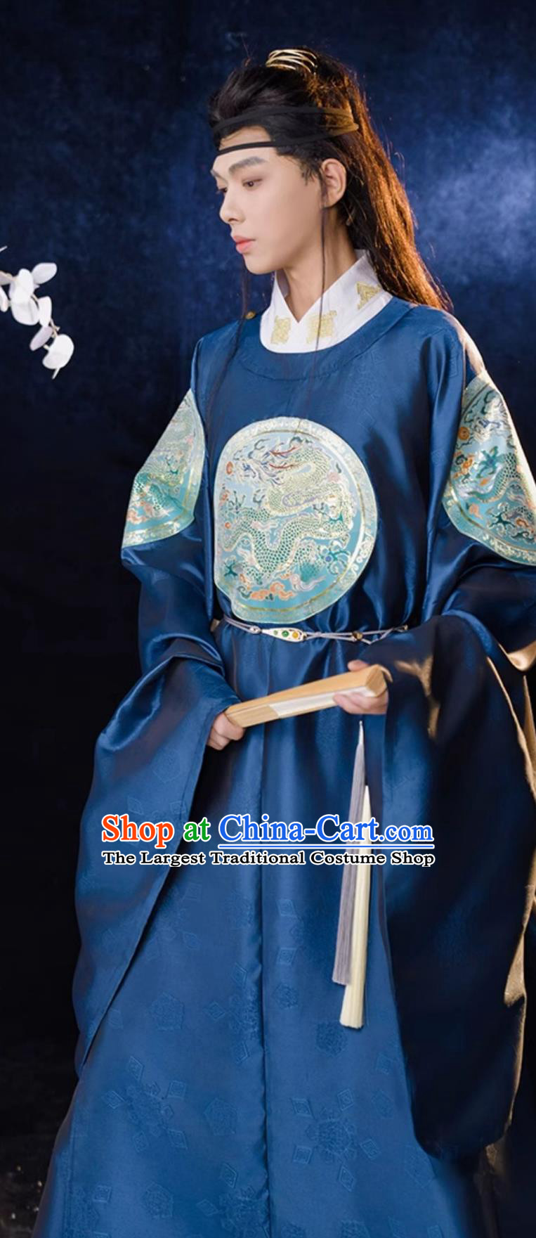 Chinese Traditional Hanfu Blue Official Robe Ancient Scholar Clothing China Ming Dynasty Men Costume