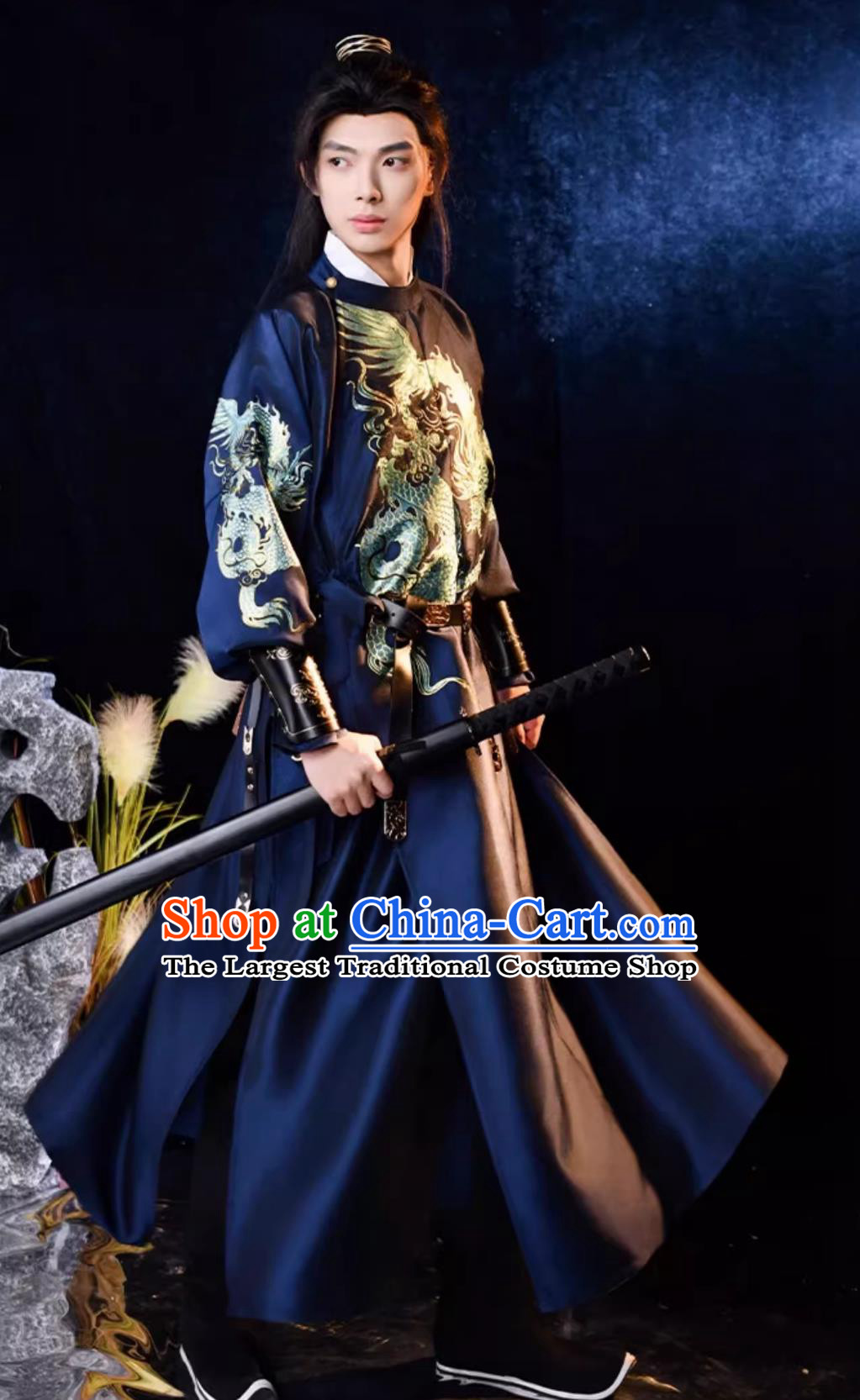 China Tang Dynasty Swordsman Costume Chinese Traditional Hanfu Navy Round Collar Robe Ancient Young Hero Clothing