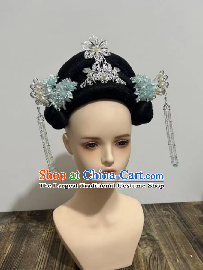 Handmade 12 Goddesses of Flowers Headdress Chinese Han Tang Dance Wig and Blue Flowers Hair Jewelries China Classical Dance Headpieces