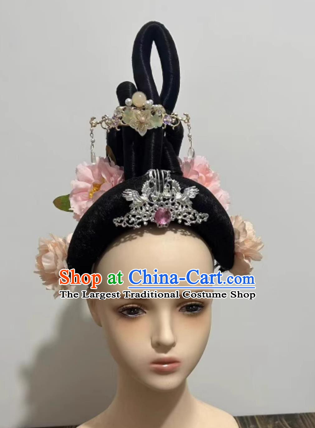 China Classical Dance Headpieces Handmade 12 Goddesses of Flowers Headdress Chinese Han Tang Dance Wig and Pink Flowers Hair Jewelries