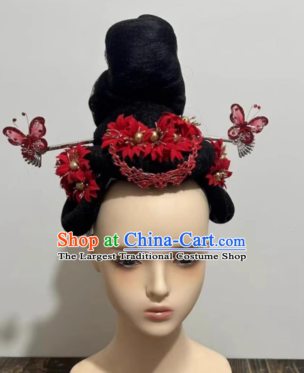 Chinese Han Tang Dance Wig and Red Hair Jewelries China Classical Dance Headpieces Handmade 12 Goddesses of Flowers Headdress