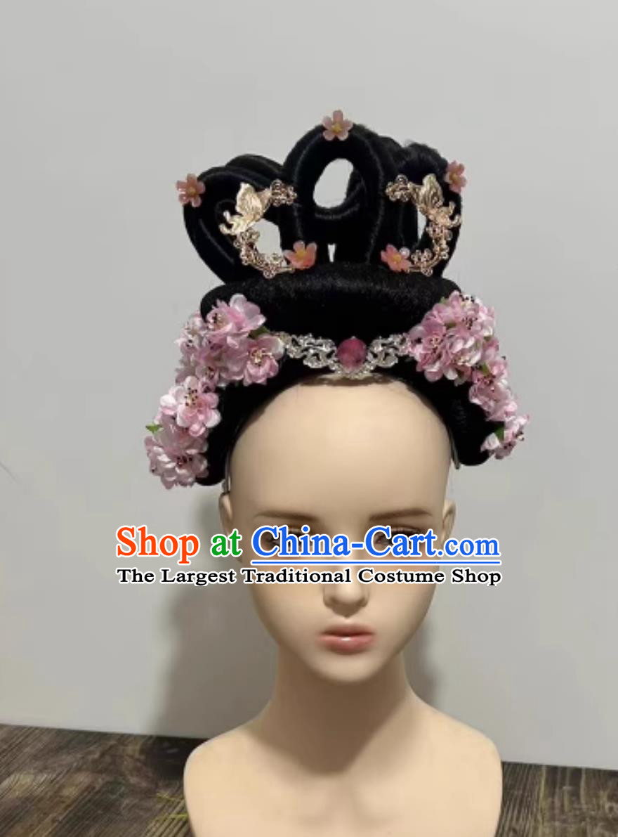 Handmade 12 Goddesses of Flowers Headdress Chinese Han Tang Dance Wig and Pink Hair Jewelries China Classical Dance Headpieces