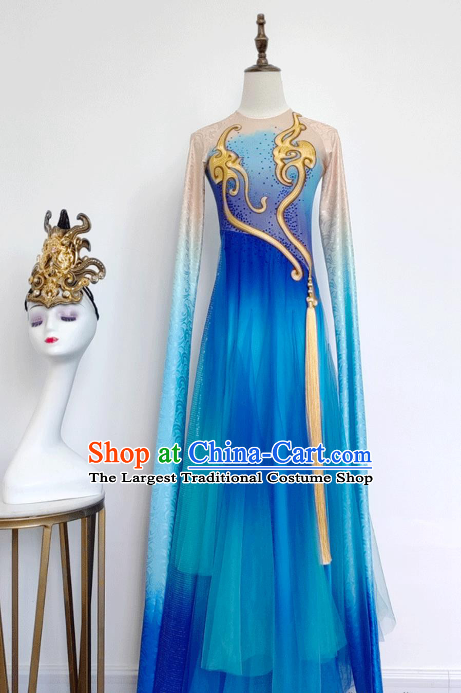 China Han Tang Dance Costume Chinese Classical Dance Clothing Long Sleeve Dance Blue Dress