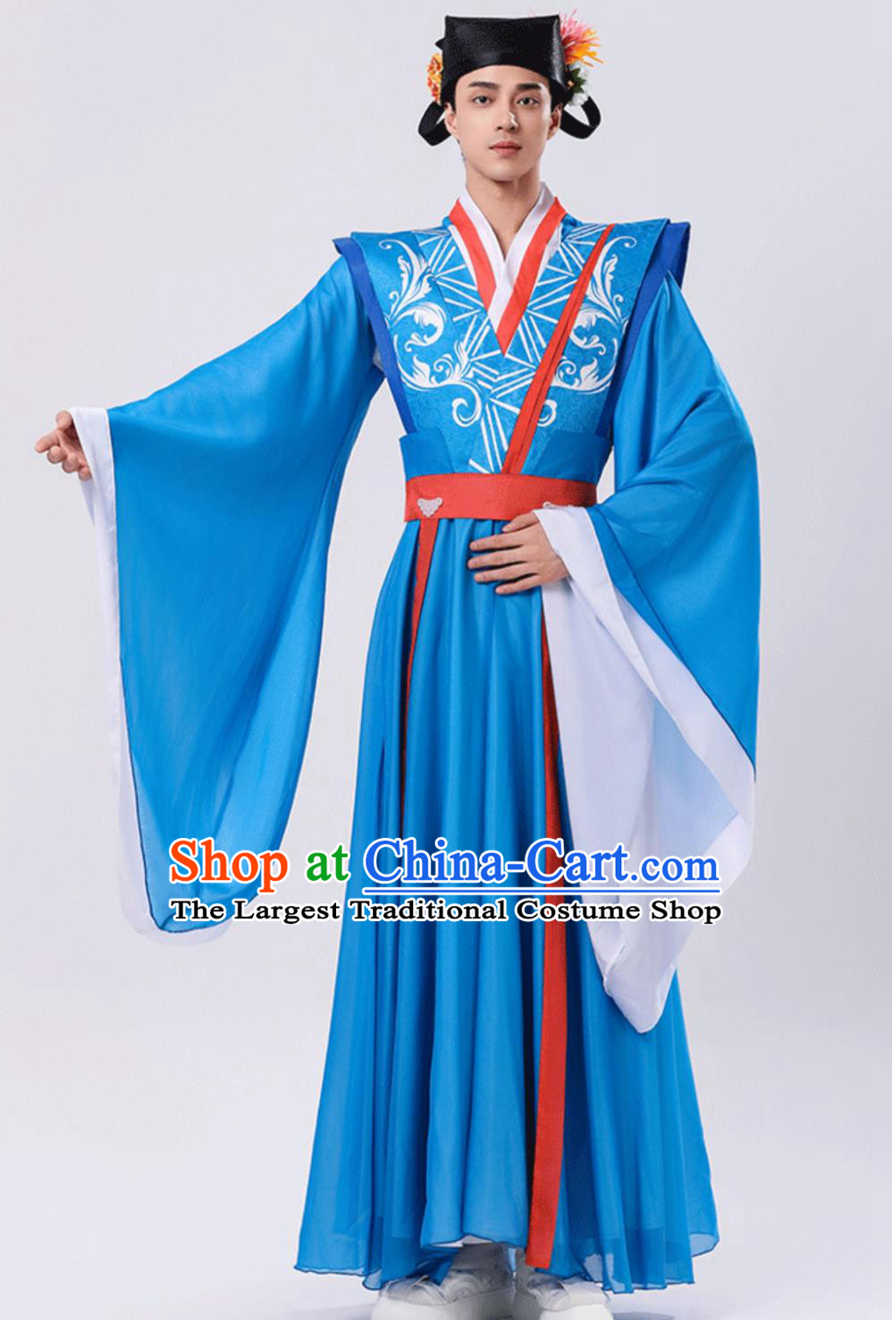 China Song Dynasty Young Childe Costume Traditional Blue Hanfu Robe Chinese Lantern Festival Classical Dance Clothing