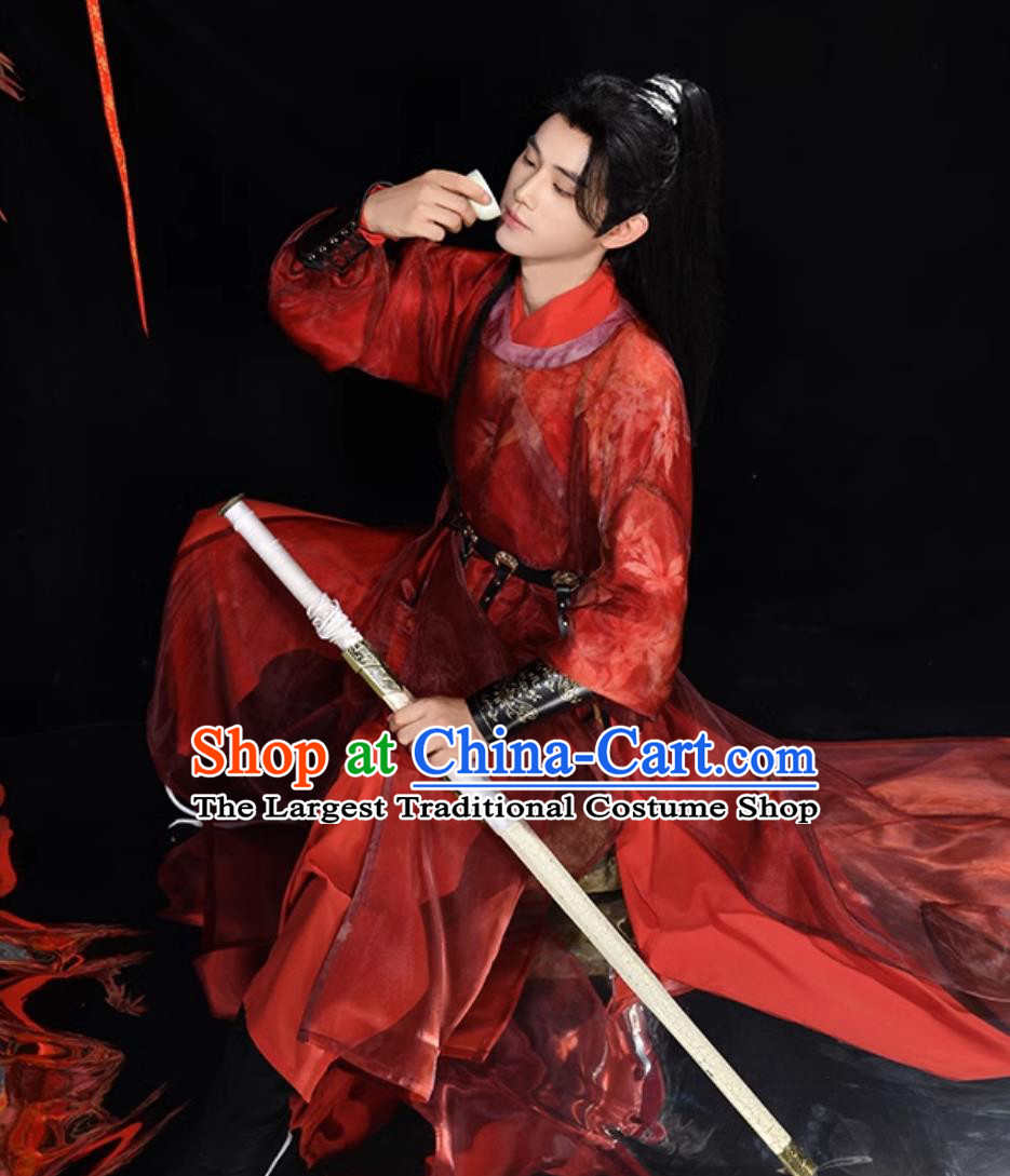 Ancient China Swordsman Clothing Tang Dynasty Young Hero Costume Chinese Traditional Red Hanfu Robe