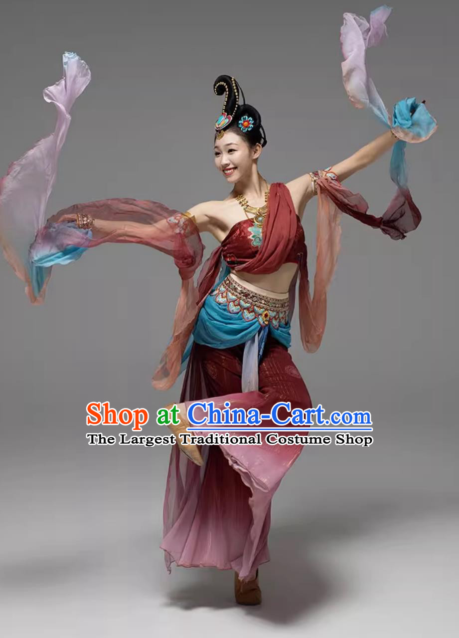 Chinese Flying Dance Costume Dunhuang Apsaras Wine Red Dress Women Group Stage Performance Clothing