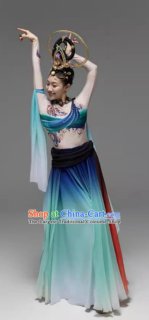 Women Group Stage Performance Clothing Chinese Dunhuang Apsaras Dance Costume Flying Dance Blue Dress