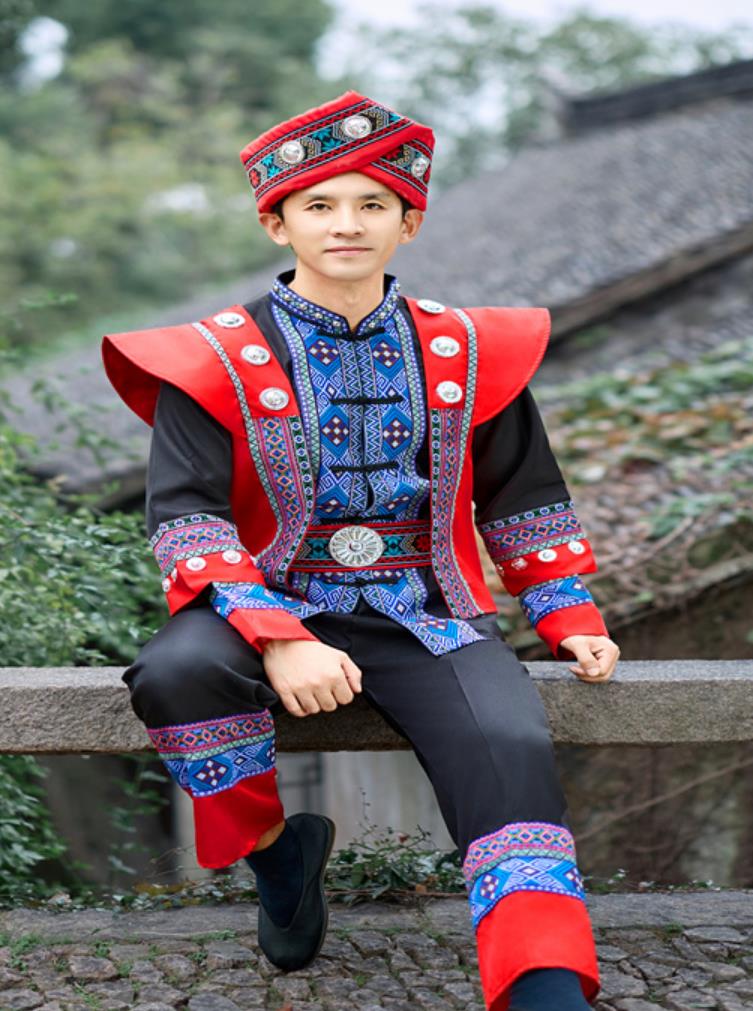 She Ethnic Men Dance Performance Costume Chinese Minority Embroidered Traditional Attire
