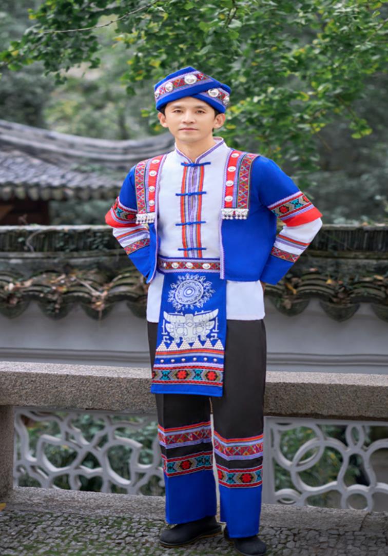 Chinese Minority Embroidered Traditional Attire She Ethnic Men Dance Costume Stage Performance Blue Outfit