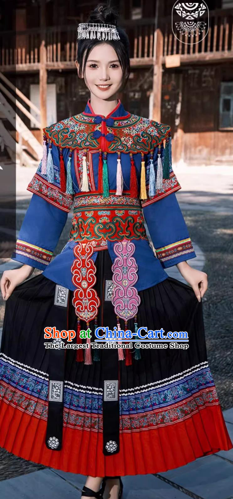 Chinese Dong Ethnic Costume Women Guizhou Minority Embroidered Attire Folk Dance Performance Gown