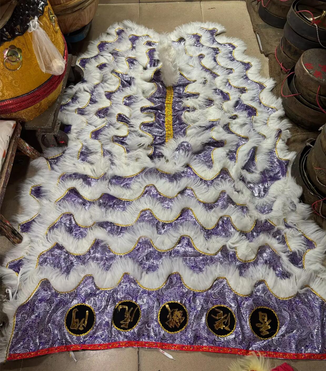 Purple Satin Chinese Lion Dance Tail and Pants Traditional Wool Lion Costumes Set