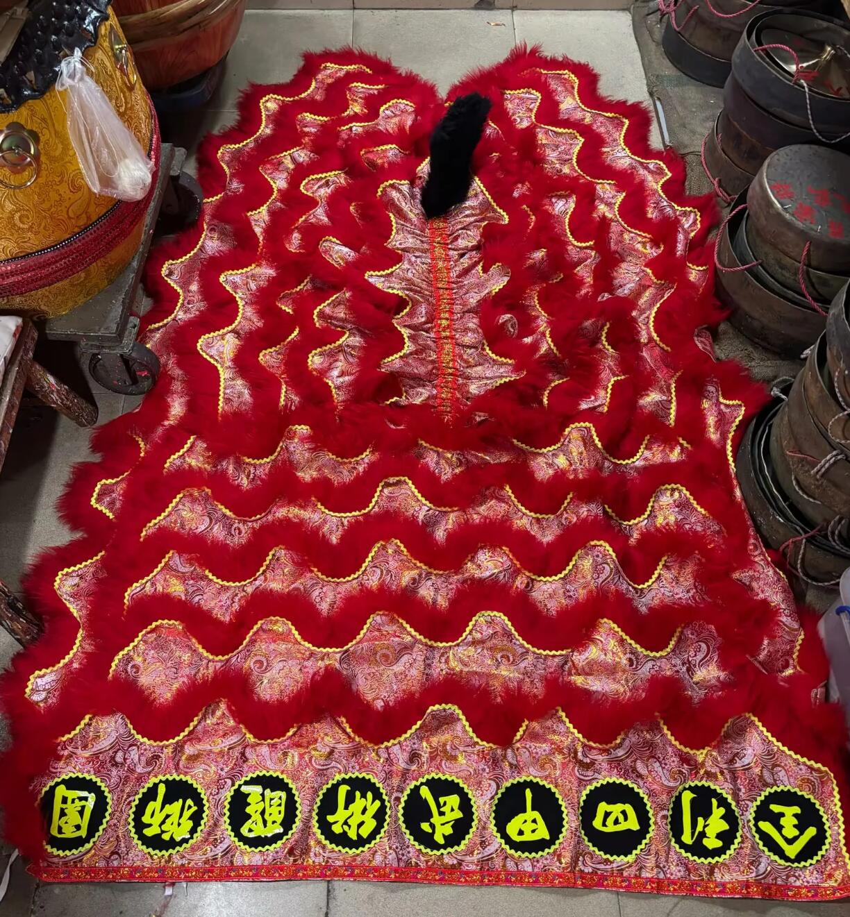 Red Wool Chinese Lion Dance Tail and Pants Traditional Satin Lion Dancing Costumes Set