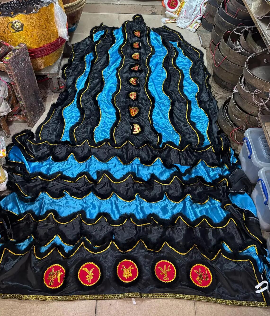 Black and Blue Traditional Lion Dancing Costumes Chinese Lion Dance Tail and Pants Set