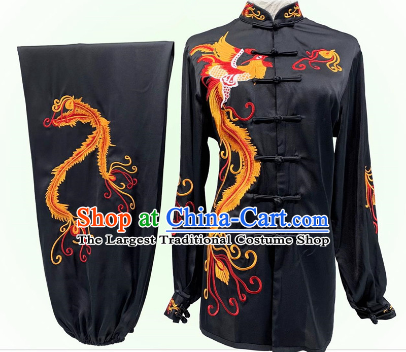 Traditional Tai Chi Black Suit Embroidery Phoenix Qigong Mantis Martial Arts Performance Costume Chinese Wushu Competition Costume