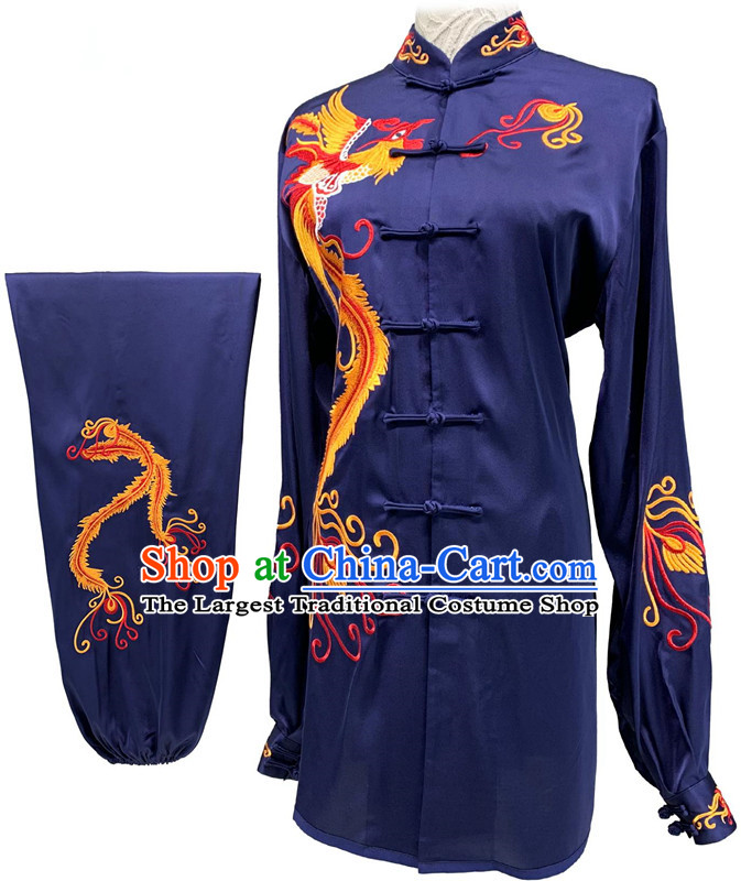 Chinese Wushu Competition Costume Traditional Tai Chi Navy Suit Embroidery Phoenix Qigong Mantis Martial Arts Performance Costume
