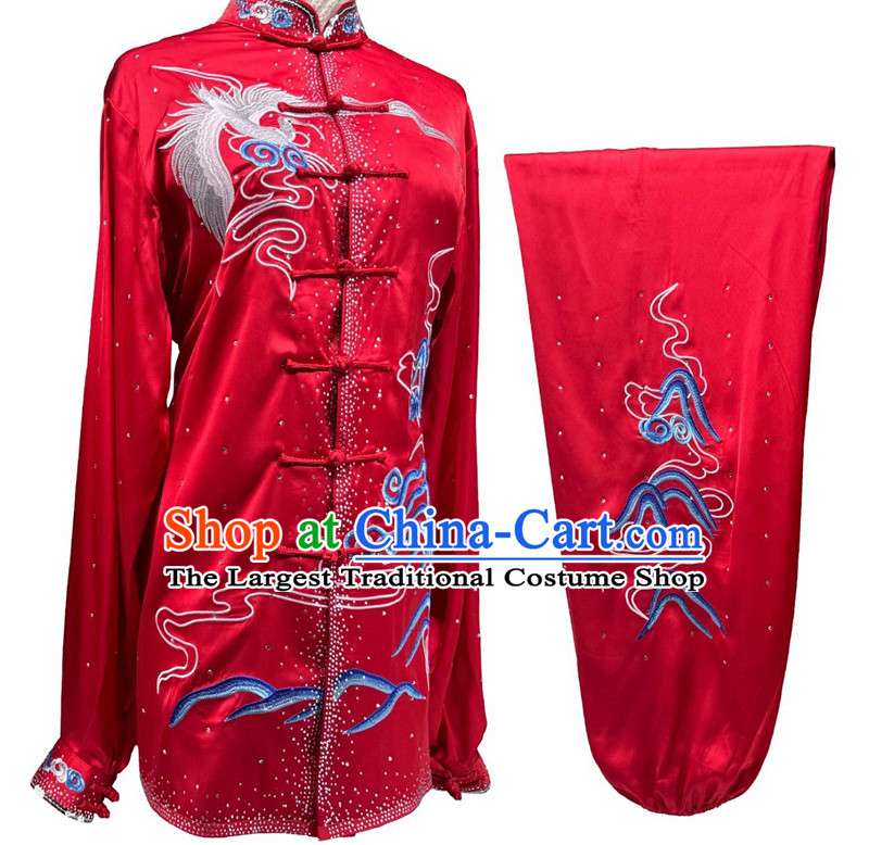 Chinese Martial Arts Performance Clothing Embroidery Crane Starry Sky Diamonds Tai Chi Suit Wushu Competition Red Uniform