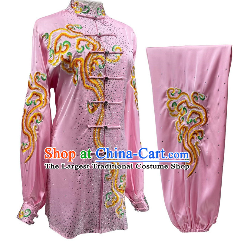Top Wushu Competition Pink Uniform Chinese Martial Arts Performance Clothing Embroidery Waves Starry Sky Diamonds Tai Chi Suit