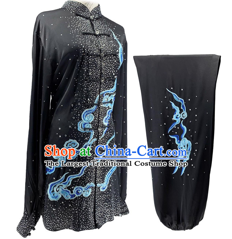 Chinese Kung Fu Performance Embroidery Clouds Clothing Bright Diamond Shining Black Tai Chi Suit Top Wushu Competition Costume
