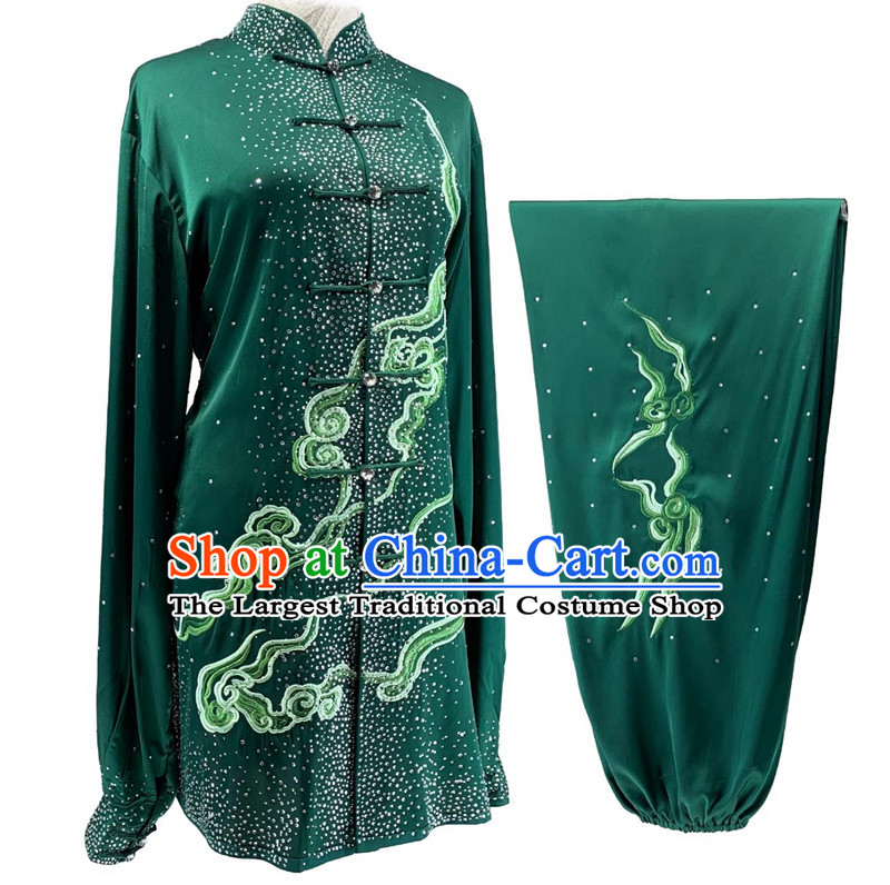 Top Wushu Competition Costume Chinese Kung Fu Performance Embroidery Clouds Clothing Bright Diamond Shining Green Tai Chi Suit