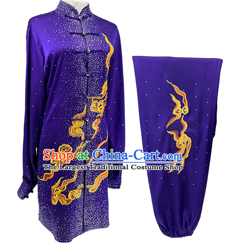 Bright Diamond Shining Purple Tai Chi Suit Top Wushu Competition Costume Chinese Kung Fu Performance Embroidery Clouds Clothing