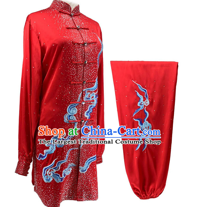 Chinese Kung Fu Performance Embroidery Clothing Bright Diamond Shining Red Tai Chi Suit Top Wushu Competition Costume