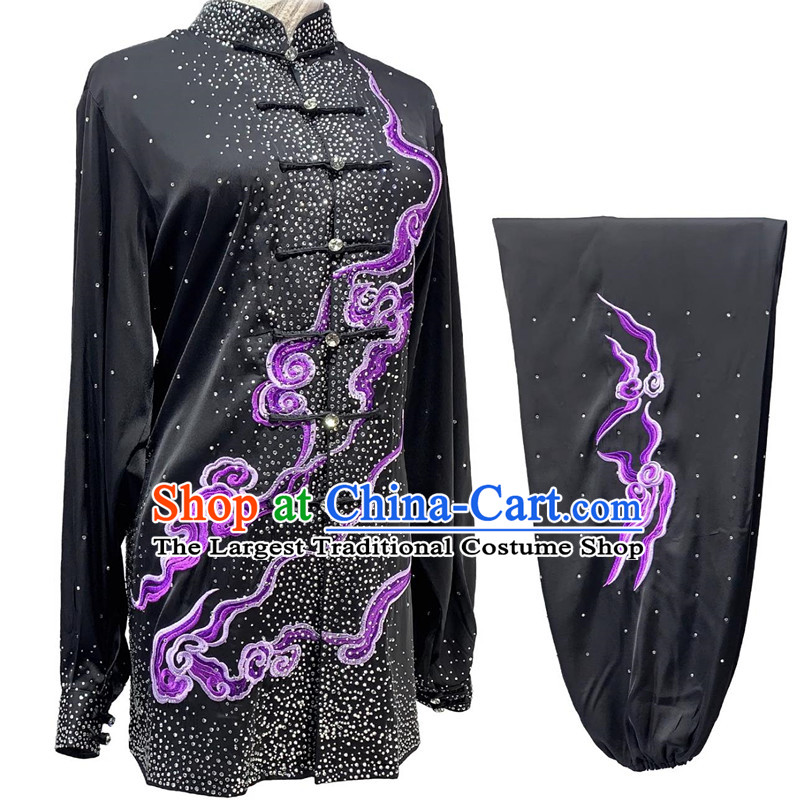 Top Wushu Competition Costume Chinese Kung Fu Performance Embroidery Clothing Bright Diamond Shining Black Tai Chi Suit