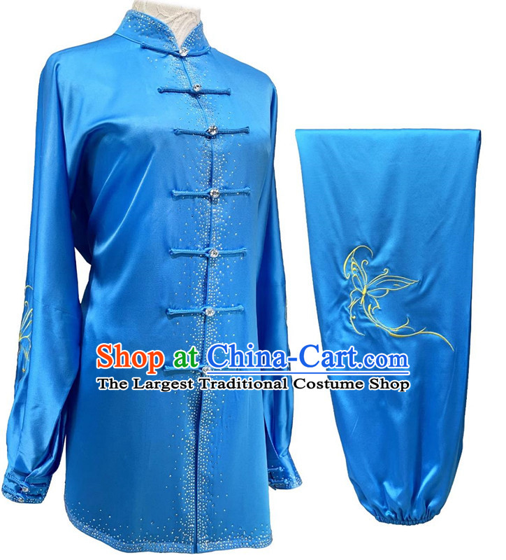 Professional Kung Fu Performance Clothing Blue Shining Bright Diamond Embroidery Tai Chi Suit Chinese Wushu Competition Costume