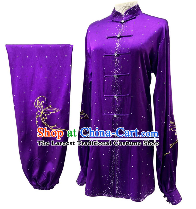 Chinese Wushu Competition Costume Professional Kung Fu Performance Clothing Purple Shining Bright Diamond Embroidery Tai Chi Suit