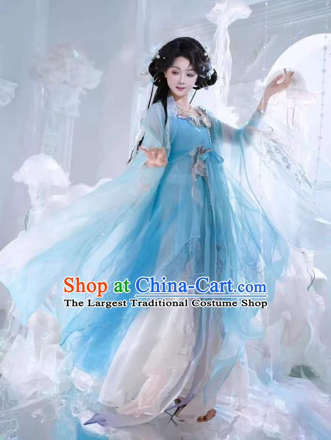 Chinese Hanfu Tang Dynasty Blue Hezi Dress Traditional Chinese Costume Ancient Fairy Clothing