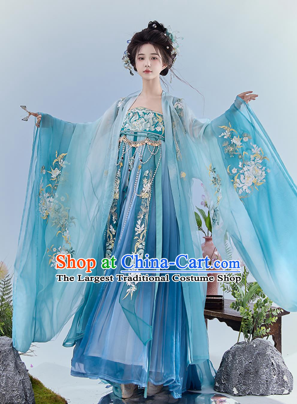 Chinese Tang Dynasty Blue Large Sleeve Gown Hezi Dress Ancient Princess Heavy Embroidery Hanfu Traditional Clothing Set