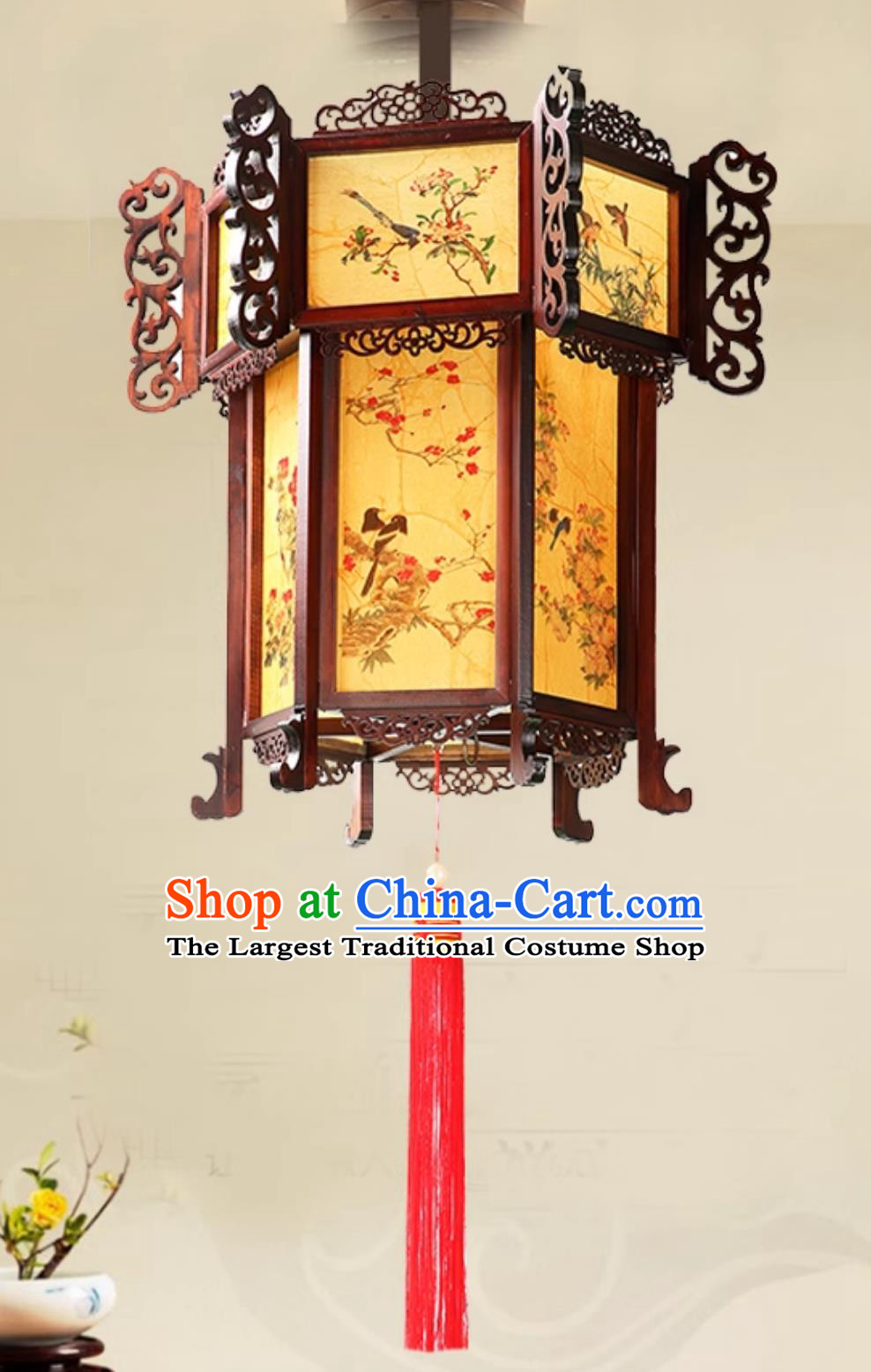 Painted Bird Flower Pendant Light Carved Hexagonal Palace Lantern Chinese Antique Wood Palace Lantern