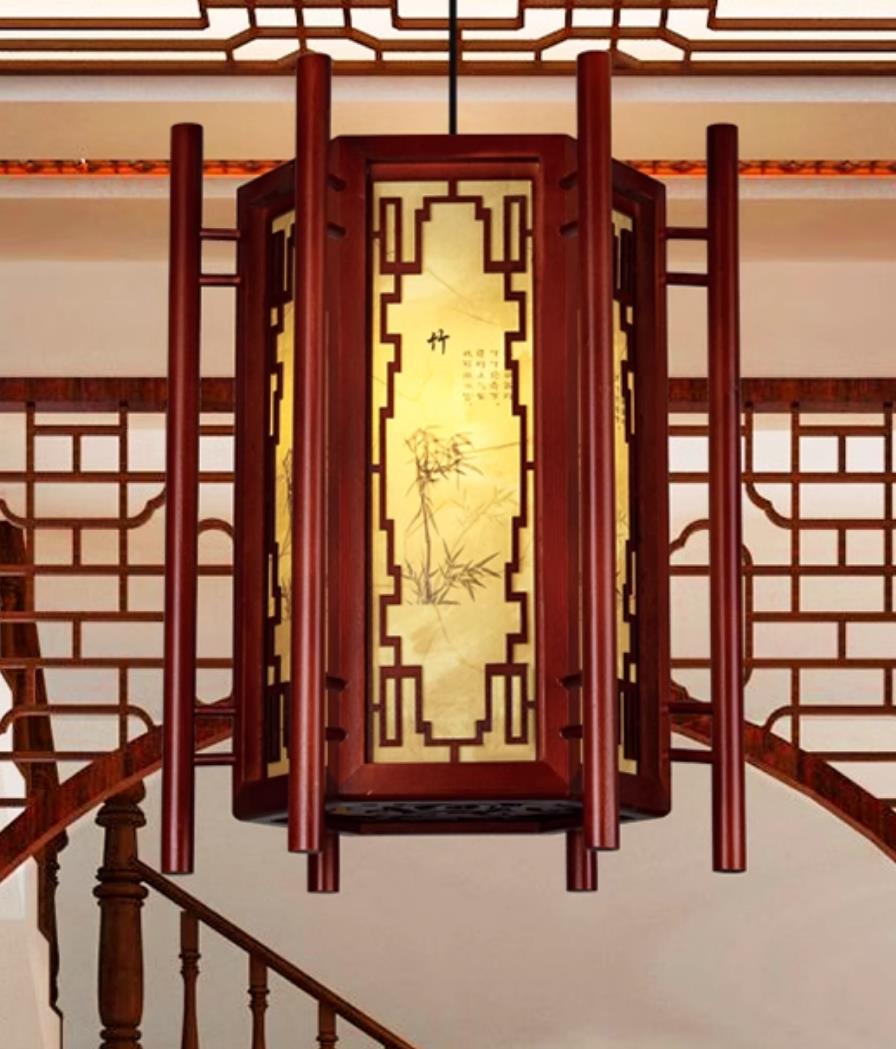 Chinese Pendant Light Fixture Antique Wood Palace Lantern Parchment Style Printing Bamboo Lamp