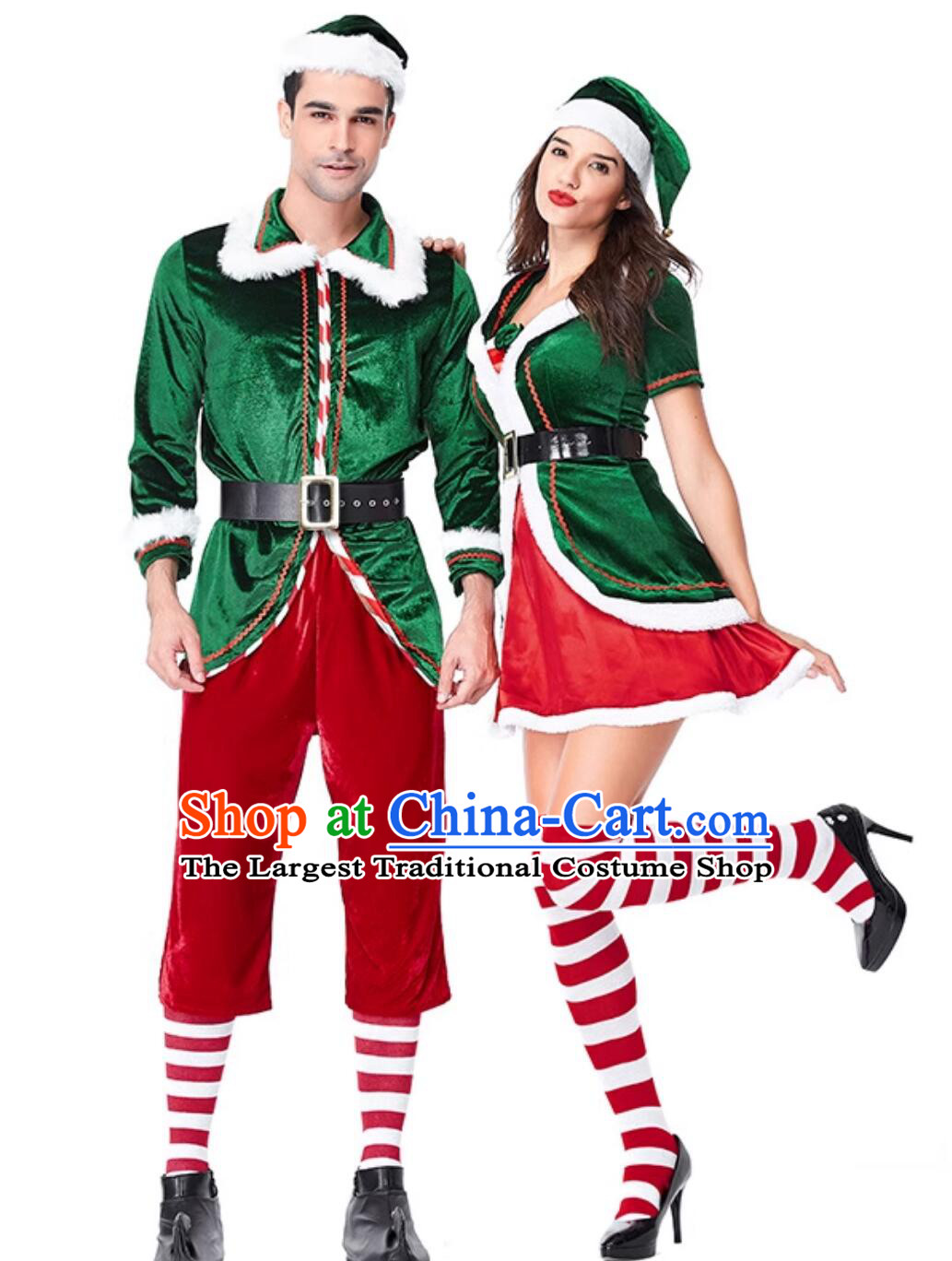 Christmas Day Theme Party Clothing Cosplay Elf Couple Costumes Christmas Green Outfits