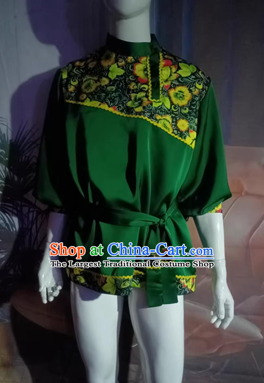 Russian Traditional Costume Men Green Shirt Western Restaurant Waiter Performance Dance Clothing