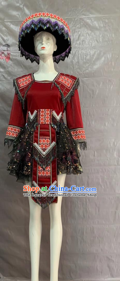 Miao Classic Red Dress Chinese Ethnic Minority Embroidery Costume Hmong Women Costume and Headwear Complete Set