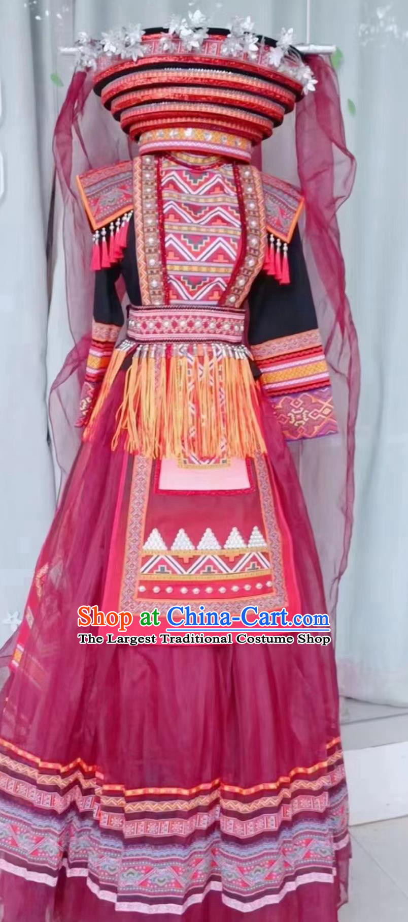 Miao Ethnic Dance Performance Costume Women Minority Hulusi Performance Black Red Long Dress