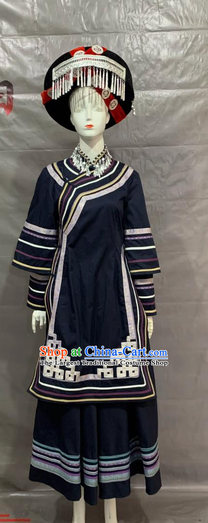 Liangshan Yi Ethnic Woman Clothing Chinese Yi Performance Dress Embroidery Folk Dance Costume