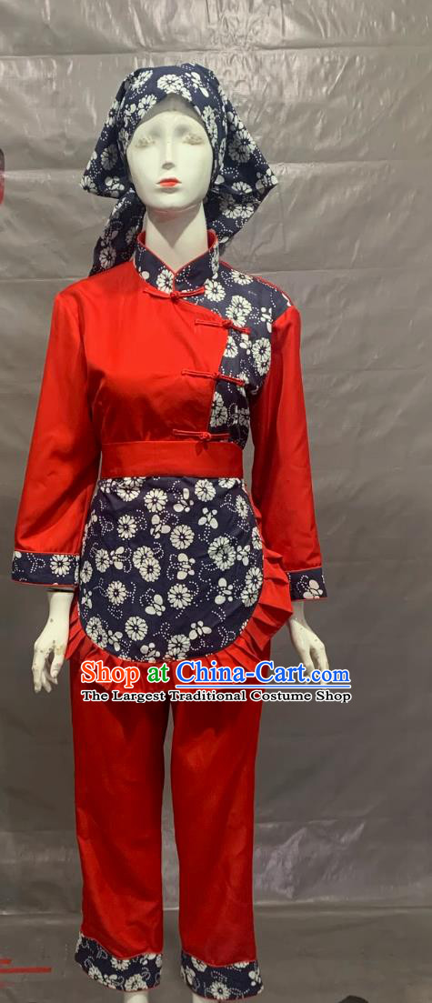 Village Tea Picking Girl Dance Costume Chinese Northeast Yangge Uniform Republic of China Performance Red Outfit
